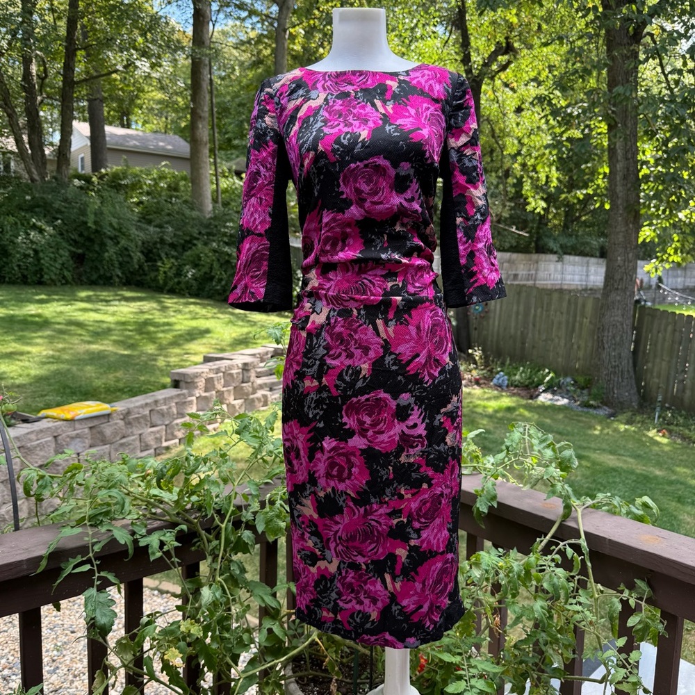 Tracy Reese Womens Textured Silk Jacquard Cocktail Dress 4 Fuchsia Pink Floral